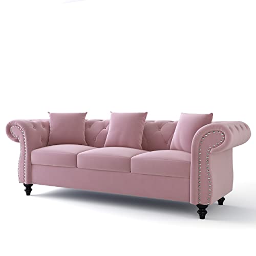 HONOOR Sectional Sofa Couches, Tufted Velvet Upholstered 3-Seat Sofa Roll Arm Classic Chesterfield Sofa Set for Living Room/Office/Apartment, 3 Pillows Included (Pink)