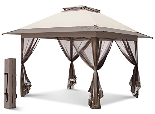 EAGLE PEAK 13' x 13' Pop-Up Gazebo Tent Instant w/Mosquito Netting, Outdoor Gazebo Canopy Easy Set-up Folding Shelter (Beige/Brown)