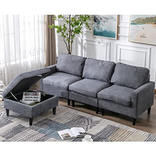Modular Sectional Sofa Chenille L Shaped Couch,Futon Sofa 3-Seat Grey Couch with Storage Ottoman,sectional couches for Living Room,Modern Sofa Furniture Sets,69.3''