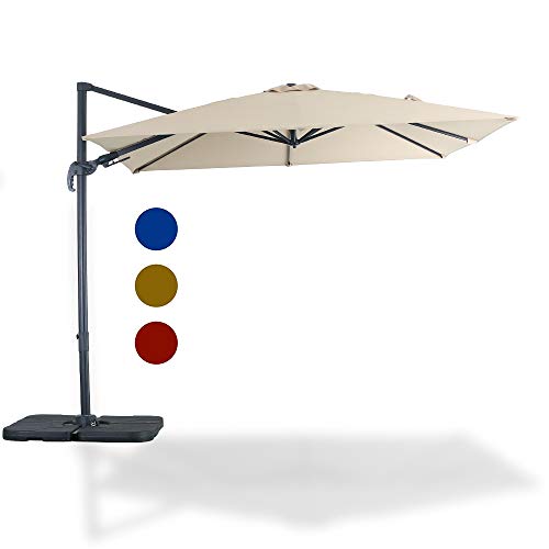 LUCKWIND 9ft Cantilever Patio Hanging Umbrella Offset– Cross Base Aluminum UV Resistant Polyester 360 Degree Rotating Easy Tilt Steel Color-Lock Square Beige/Red/Blue (9FT, Beige)