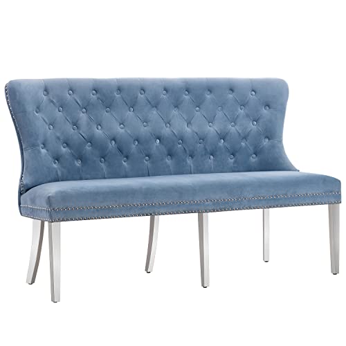 UDAX Modern Velvet Bench with Back, Upholstered Armless Couch Settee with Button Tufted Backrest Nailhead Around for Living Room and Bedroom, Accent Sofa for Home and Entryway(Blue)