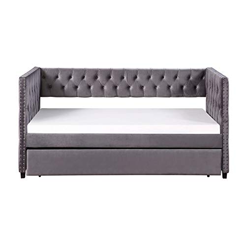 SOFTSEA Twin Daybed with Trundle, Tufted Sofa Bed with Nailhead Trim, Upholstered Daybed Frame, Grey