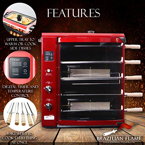 Brazilian Flame BG-05LXK-RED Red Brazilian Gas Rotisserie Grill with 5 Skewers and Upper Tray