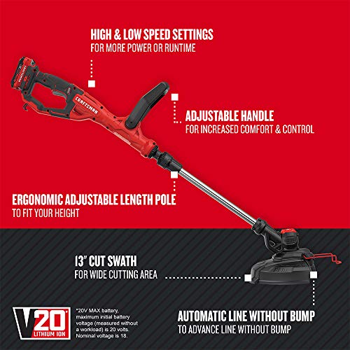 Craftsman M275 159cc 21-Inch 3-in-1 High-Wheeled Self-Propelled FWD Gas Powered Lawn Mower, with Bagger, Red & V20 WEEDWACKER String Trimmer & Edger (CMCST900D1)