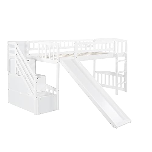 Twin Loft Beds with Slide for Kids, Low Profile Loft Beds with Stairway and Built-in Ladder, No Box Spring Needed
