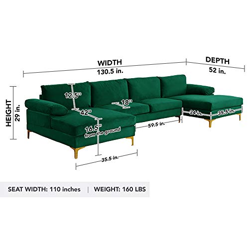 Casa Andrea Milano llc Modern Large Velvet Fabric Sectional Sofa Couch with Extra Wide Chaise Lounge with Golden Legs, U Shaped, Green