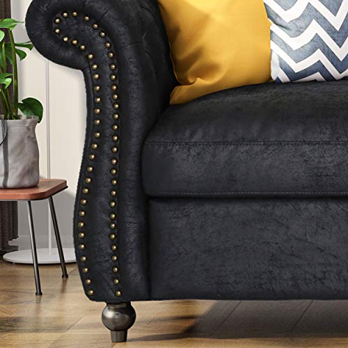 Vita Chesterfield Tufted Microfiber Sofa with Scroll Arms, Black