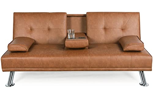 Topeakmart Adjustable Faux Leather Sofa Futon Modern Sofa Bed Convertible Sofa Couch Sleeper with Armrest Recliner Couch Home Furniture Brown