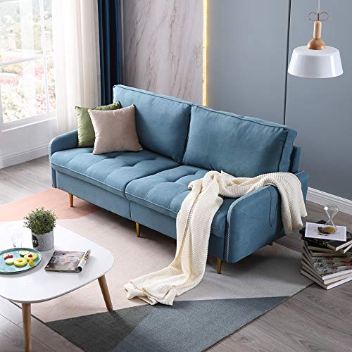 Mi Shangou 68.5 inch Linen Fabric Sofa Couch, Mid-Century 3-Seat Tufted Love Seat for Living Room, Bedroom, Office, Apartment, Dorm, Studio and Small Space, 3 Pillows Included(Light Blue)