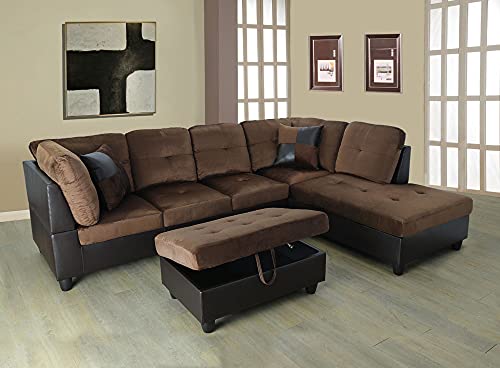 Lifestyle Furniture Right Facing 3PC Sectional Sofa Set, L Shape Couch with Storage Ottoman, Microfiber&Faux Leather,Chocolate