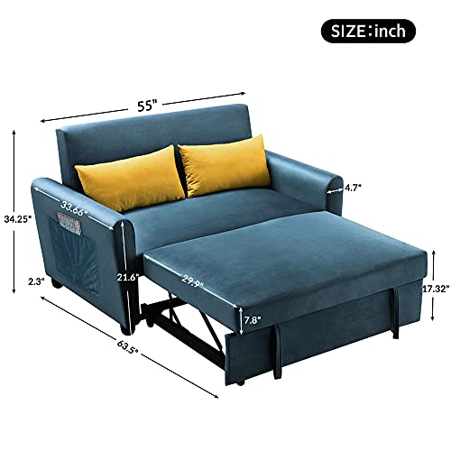 Merax Velvet Sofa Set Convertible Sleeper Sofa Bed Loveseat Couch with 2 Pillows Detachable Armrest for Living Room Small Spaces,(2 Big Side Pocket) Blue