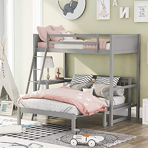 Twin Over Full Loft Bed with Convertible Lower Bed and Desk, Wooden Loft Bed Can be Separated into 2 Beds, No Box Springs Required, Light Grey