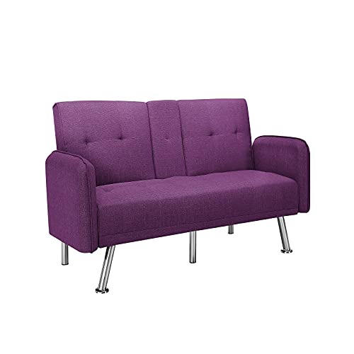 YYAO Fabric Adjustable Sleeper Sofa, Middle Back Design Sofa Bed with 2 Cup Holders for Home, Office, and Guest Room, Partial Assembly Couch with Metal Chrome Legs, Purple