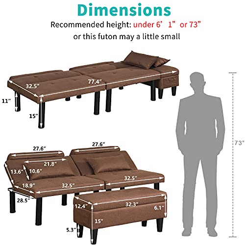 Futon Sofa Bed Adjustable Convertible Sleeper Sofa for Living Room, Apartment, Dorm Storage Ottoman Coffee Table, Lumbar Pillows (Linen-Brown)