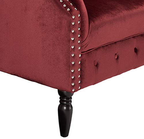 Melaina Tufted Chesterfield Velvet Loveseat with Scrolled Arms, Garnet and Dark Brown
