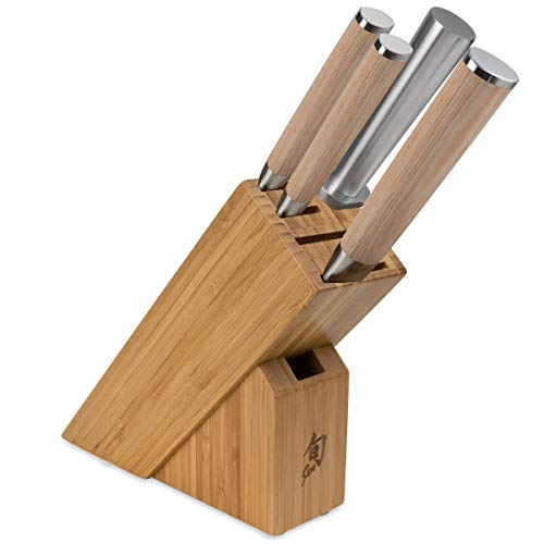 Shun Classic Blonde 5 Piece Starter Knife Block Set; Chef’s, Utility, and Paring Knives with Honing Steel and Block; PakkaWood Handles, VG-MAX Blades , Large