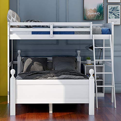 Harper&Bright Designs Twin Over Full bunk beds with Cabinet, Wood Twin Over Full Loft Bed L-Shaped with Ladder, No Box Spring Need (Loft Bed-White, Twin Over Full)