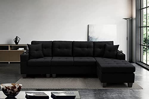 GAOPAN 4-Seat Sectional Sofa with Reversible Left/Right Chaise Lounge and 2 Cup Holders, L-Shaped Couch for Home Apartment Living Room Compact Space Furniture Set, Black/Grey