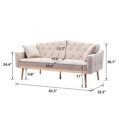 Accent Couch,Velvet Futon Sofa Bed,Sleeper Sofa Couch with 2 Pillows,Tufted Loveseat Sofa with 5 Golden Metal Legs Mid Century Modern Sofas for Home Living Room Bedroom(Beige)
