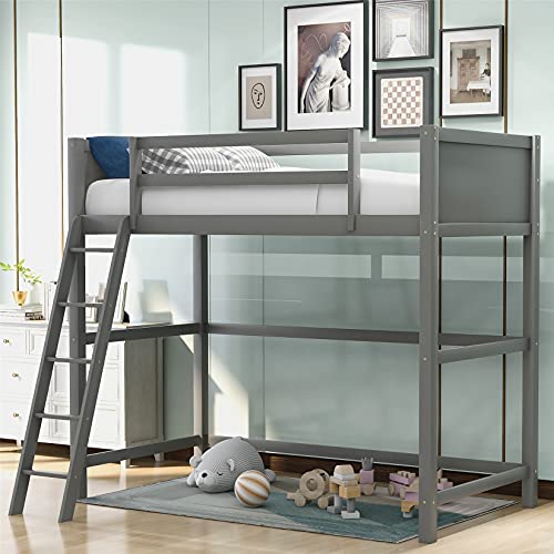 Twin Loft Beds, Wood Loft Bed for Kids, High Loft Bed Frame for Children Girls Boys Teens, Gray