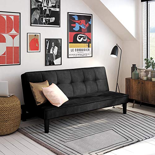 REALROOMS Tyler Futon, Convertible Sofa Bed & Couch, Black Velvet