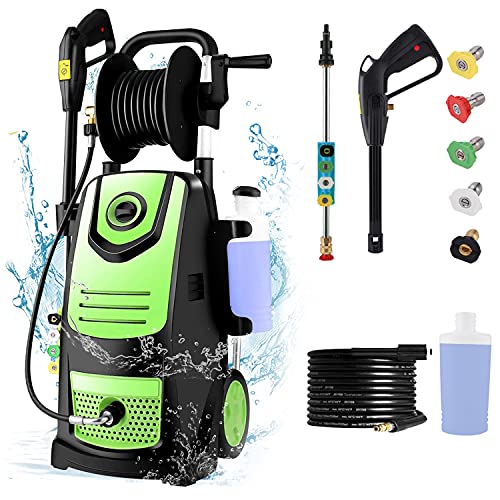 Suyncll Pressure Washer 3800PSI Max 2.8 GPM Electric Pressure Washer With Reel High Power Washer Machine Cleaner with Nozzles, Spray Gun,Detergent Tank For Cleaning Homes,Cars,Driveways,Patios (Green)