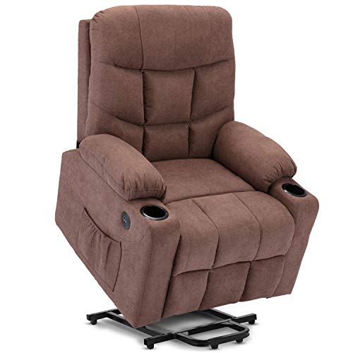 DEVAISE Power Lift Massage Recliner Chair with OKIN Motor Heat and Vibration for Elderly, Elastron Fabric Living Room Sofa Chair with Remote Control, USB Charge Port and Cup Holders, Brown