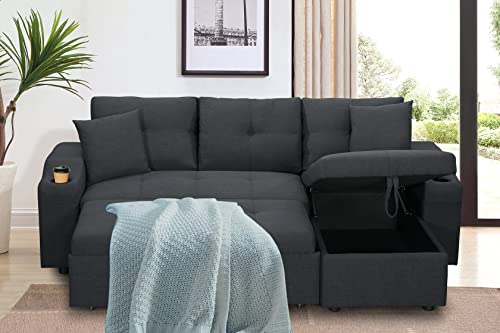 Longrune Reversible Sectional Sofa with Pull-Out Bed and Storage Chaise, Convertible Velvet L Shaped Couches w/2 Cup-Holders and Two Side Pockets, for Living Room Apartment, Dark Gray