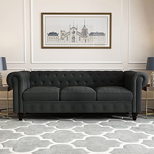 Button Tufted Velvet Couch Dark Gray,JULYFOX Velvet Chesterfield Sofa with Rolled Arms Black Wood Legs 750 lbs Heavy Duty 88 in Wide for Home Living Room