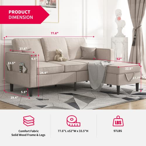 MUZZ Sectional Sofas, L Shaped Sectional Couches with Storage Ottoman, Modern Linen Couch for Living Room, Convertible Sofa for Small Living Room, Apartment and Small Space (Beige)