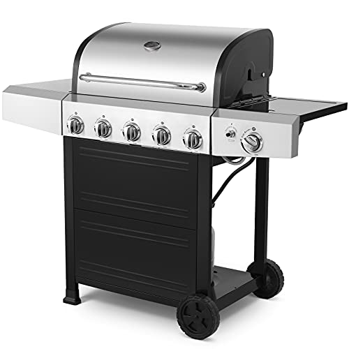 5-Burner BBQ Gas Grill in Stainless Steel with Side Burner, Shelf & Wheels, Waterproof Cover, 63000-BTU Liquid Propane Grill for Patio Garden Party, Cart Style, Silver and Black