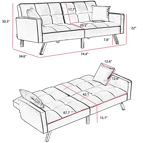 Modern Grey Couch Velvet Futon Sofa Bed- Convertible Couch Sleeper Sofa with 2 Pillows Love Seat Day Bed Couch Sofa Futon Couch for Living Room, 3 Angles Loveseat Recliner, 672 Lbs