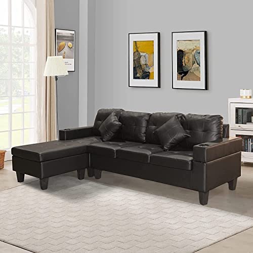 RINIMEI PU Leather Sectional Sofa Furniture Sets for Living Room, L-Shaped Modern 4 Seater Couch with Cup Holder & Reversible (Left/Right) Chaise Lounge, Black