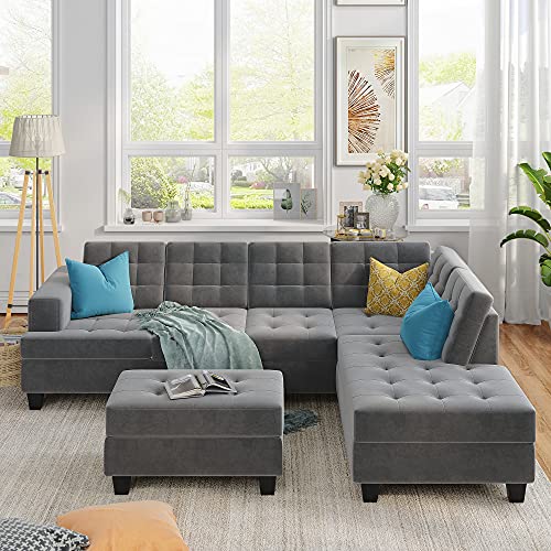 Sectional Sofa Sets 3-seat with Chaise Lounge and Storage Ottoman for Living Room Furniture Sofas Sets (Gray)