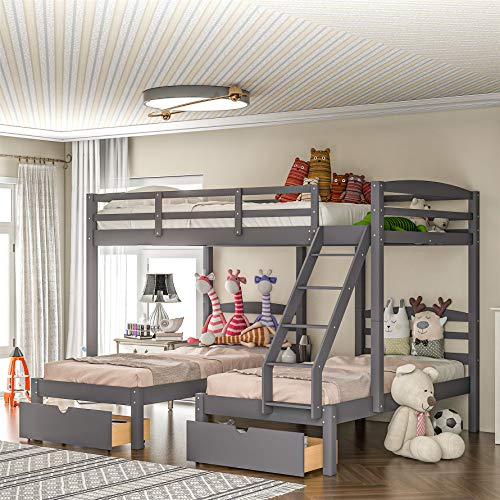 Full Over Twin & Twin Bunk Bed, Triple Bunk Beds with Drawers and Guardrails,Wooden Bunk Beds with Storage for Kids, Teens, Adults (Gray with Drawers)