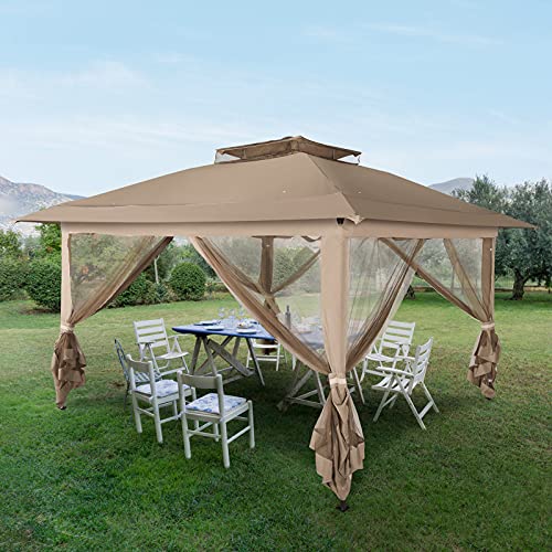 Garsing 13'x13' Outdoor Pop Up Gazebo Tent with Removable Zipper Mosquito Netting, 2-Tier Soft Top Portable Patio Gazebo Canopy Shelter for Backyard, Deck, Lawn&Garden, Beige
