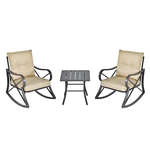 Outsunny 3-Piece Patio Bistro Set Outdoor Rocking Coffee Table Chair Set with Curved Base, Soft Cushions, Steel Frame, Beige