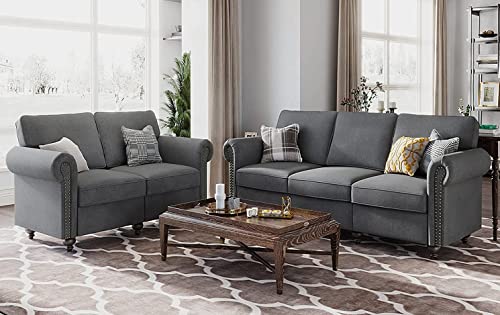 Nolany Mid-Century Sofa and Loveseat Set Classic Upholstered 2 Piece Sofa Couch Set for Living Room Traditional Scrolled Arm Sofa Sets in Grey