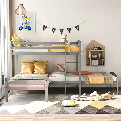 Harper & Bright Designs Twin Over Twin 3 Bed Bunk Beds, L-Shaped Bunk Bed with Ladder & Guardrail,Wood Triple Bunk Beds for Kids, Corner Bunk Beds,Gray