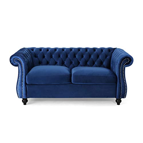 Christopher Knight Home Karen Traditional Chesterfield Loveseat Sofa, Navy Blue and Dark Brown, 61.75 x 33.75 x 27.75, 306027