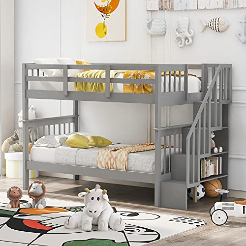 Twin Over Twin Bunk Bed for Kids, Stackable Wood Bunk Twin Over Twin Bed Frame with Trundle and Storage Shelves and Guard Rail, No Box Spring Needed