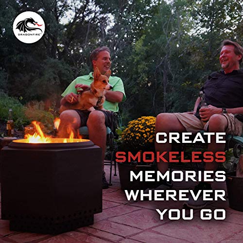 Dragonfire 23.5 Inch Smokeless Wood Burning Outdoor Bonfire Fire Pit Bundle, Includes Stand, Spark Screen, & Waterproof Cover - Great for Camping, Cooking, Tailgating, and Patio, Black
