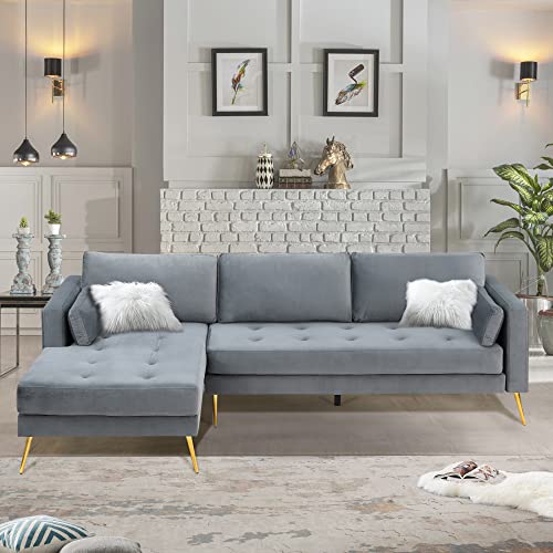 HomSof Upholstered Couch with Two Pillows, Modern Elegant Velvet Sectional Sofa for Living Room, Gray(L-Shape)