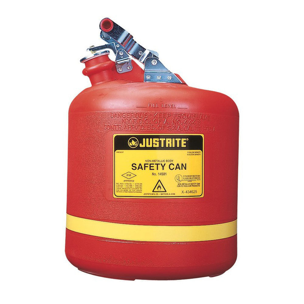Justrite 5 Gallon Plastic Safety Can, Type I, Stainless Steel Hardware