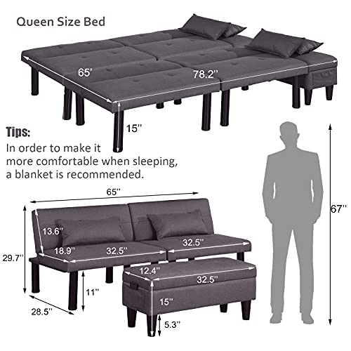 VUYUYU Futon Sofa Bed, Multifunctional Couches for Living Room, Small Convertible Futon Sofa with Ottoman/Coffee Table, Folding Recliner Sleeper, Linen Sectional Couch Set for Compact Space (Gray)