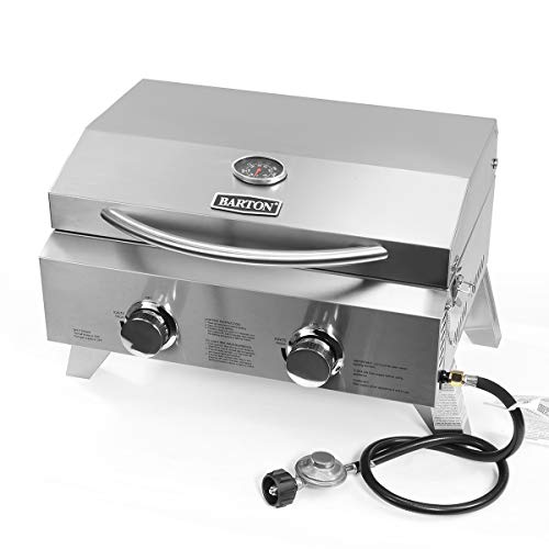 Barton Two-Burner Propane Tabletop Gas Grill Stainless Steel BBQ with Foldable Leg, 20000 BTU, Stainless Steel