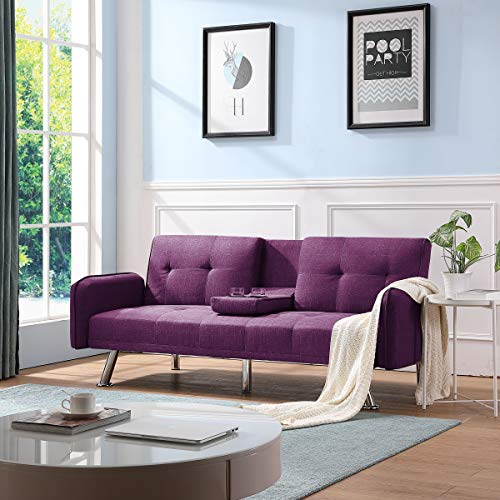 K.Nice 74' Polyester Fabric Sofa Bed Modern Couch with 2 Cup Holders Sleeper Reversible Loveseat 3 Adjustable Angles and Removable Armrests Convertible Daybed (Purple) (RE003)