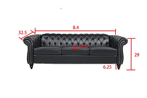 DEINPPA Chesterfield Faux Leather Fabric Sofa with Rolled Arm and Nailhead 84