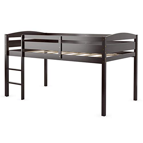 Costzon Loft Bed Twin, Classic Wood Low Loft Bed w/Guard Rail & Ladder, Kids Loft Bed for Boys, Girls, No Box Spring Needed, Easy Assembly, Children Wood Frame Bunk Bed for Bedroom Guestroom, Espresso