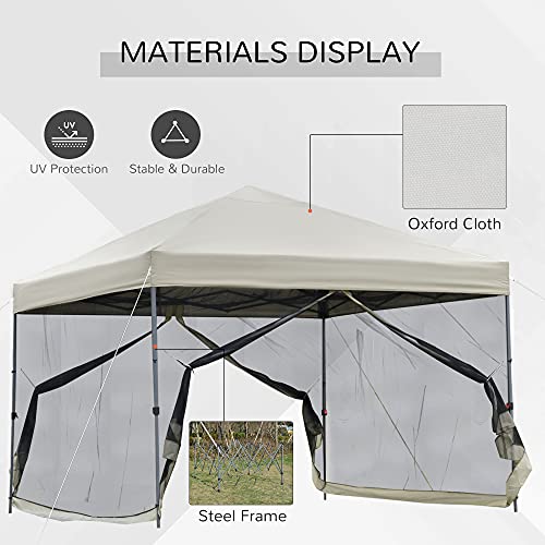 Outsunny 10' x 10' Pop Up Canopy Party Tent with Center Lift Hook Design, 3-Level Adjustable Height, Easy Move Roller Bag, Beige